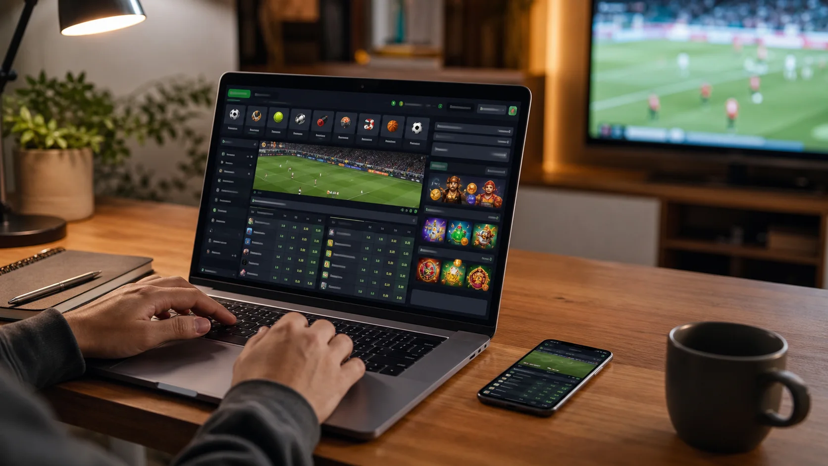 Plataforma mystake em notebook e celular com apostas esportivas e cassino online
